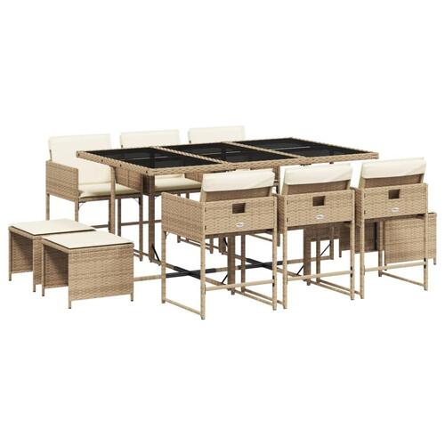 Spisebordssæt til haven 11 dele med hynder polyrattan beige