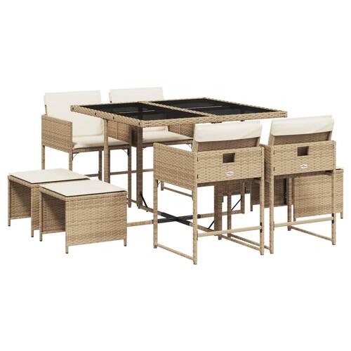 Spisebordssæt til haven 9 dele med hynder polyrattan beige
