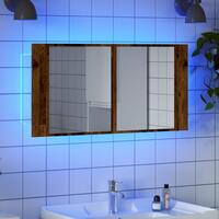 Spejlskab m. LED-lys 90x12x45 cm konstrueret træ antikt træ