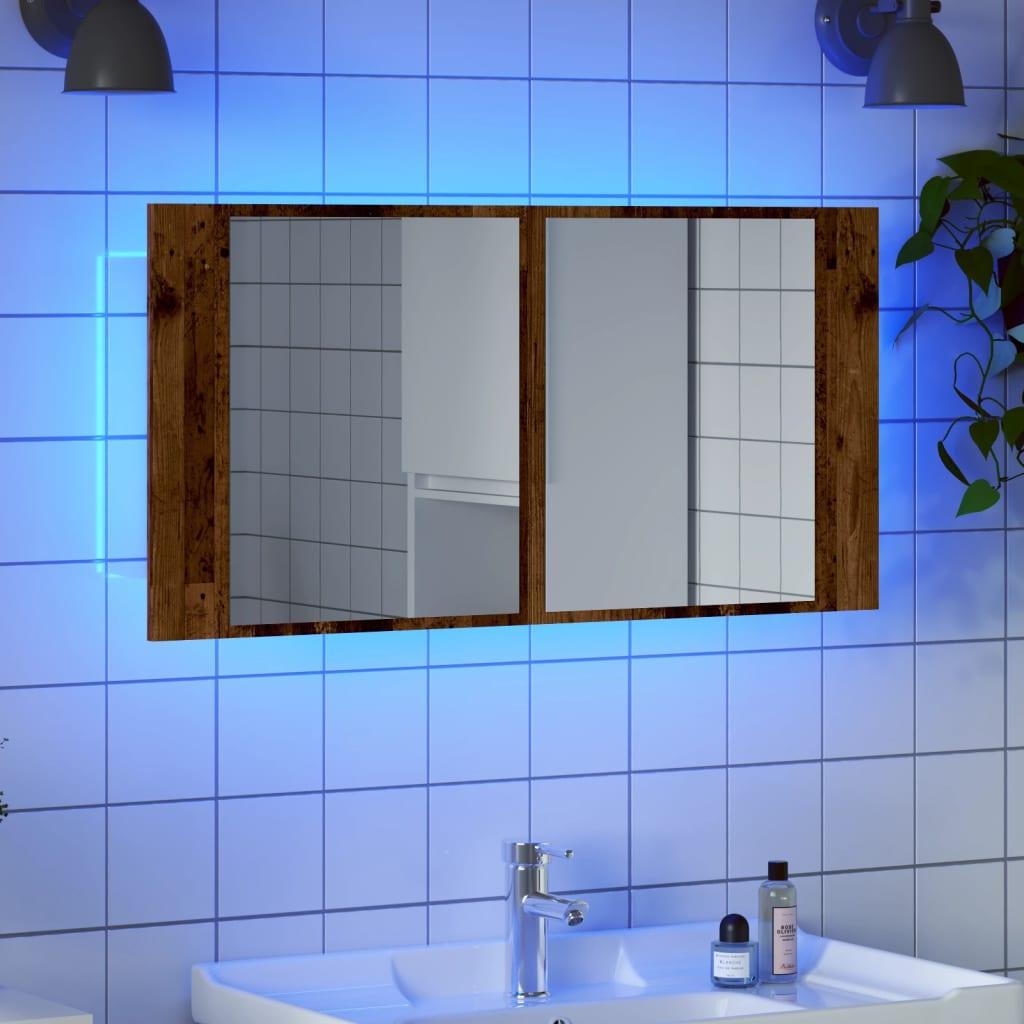 Spejlskab m. LED-lys 90x12x45 cm konstrueret træ antikt træ