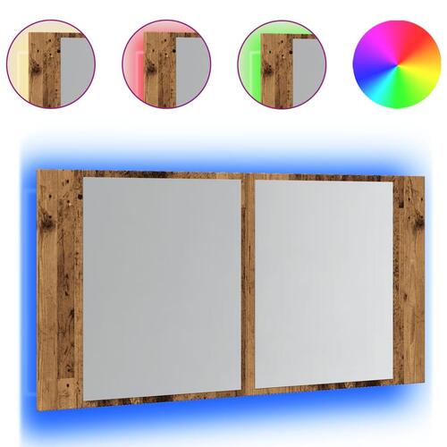Spejlskab m. LED-lys 90x12x45 cm konstrueret træ antikt træ