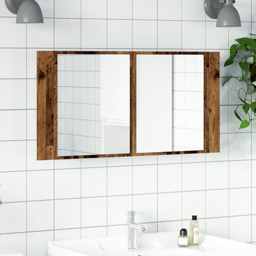 Spejlskab m. LED-lys 90x12x45 cm konstrueret træ antikt træ