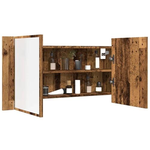 Spejlskab m. LED-lys 90x12x45 cm konstrueret træ antikt træ
