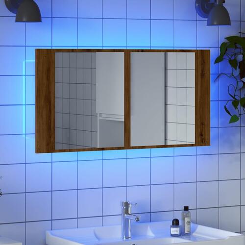 Spejlskab m. LED-lys 90x12x45 cm konstrueret træ kunsteg