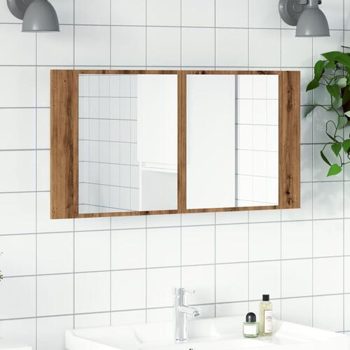 Spejlskab m. LED-lys 90x12x45 cm konstrueret træ kunsteg