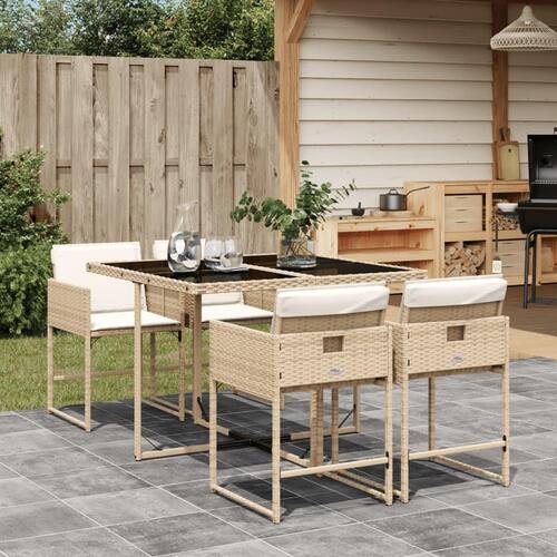 Spisebordssæt til haven 5 dele med hynder polyrattan beige