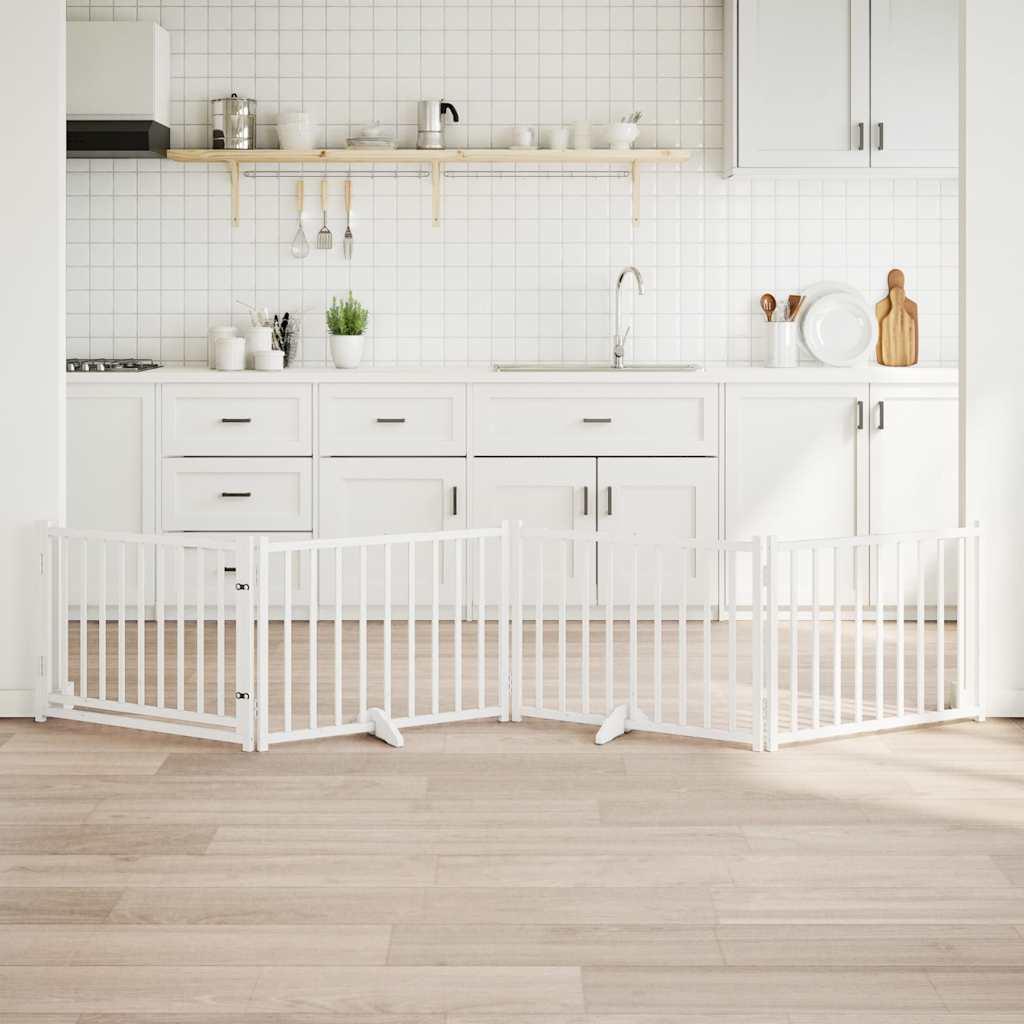 Hundelåge m. dør 4 paneler 320 cm foldbar massivt gran hvid