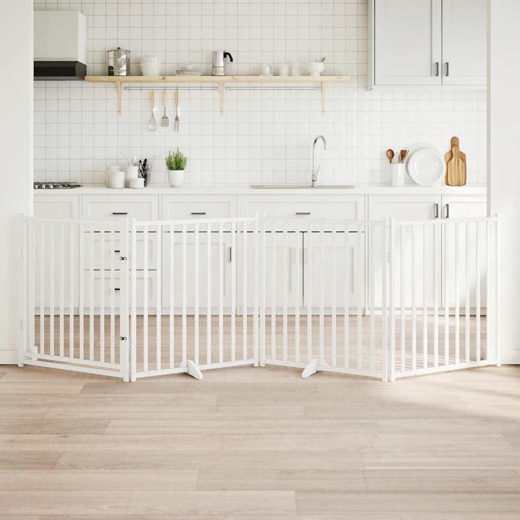 Hundelåge m. dør 4 paneler 320 cm foldbar massivt gran hvid