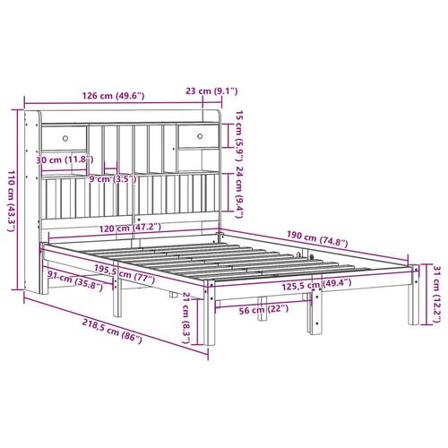 Seng med reol uden madras 120x190 cm massivt fyrretræ