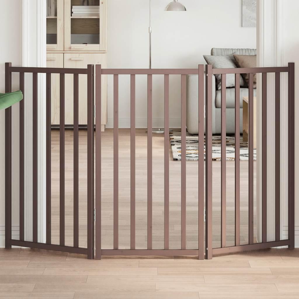 Hundelåge m. dør 3 paneler 150 cm foldbar massivt gran brunt eg billede