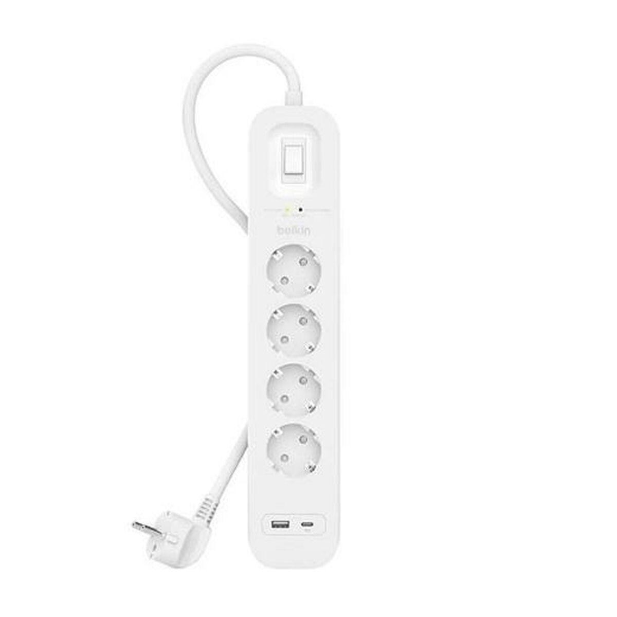 Belkin 4-stik stikdåse med tænd/sluk, overspændingsbeskyttelse, 2× USB, 2 m - Hvid