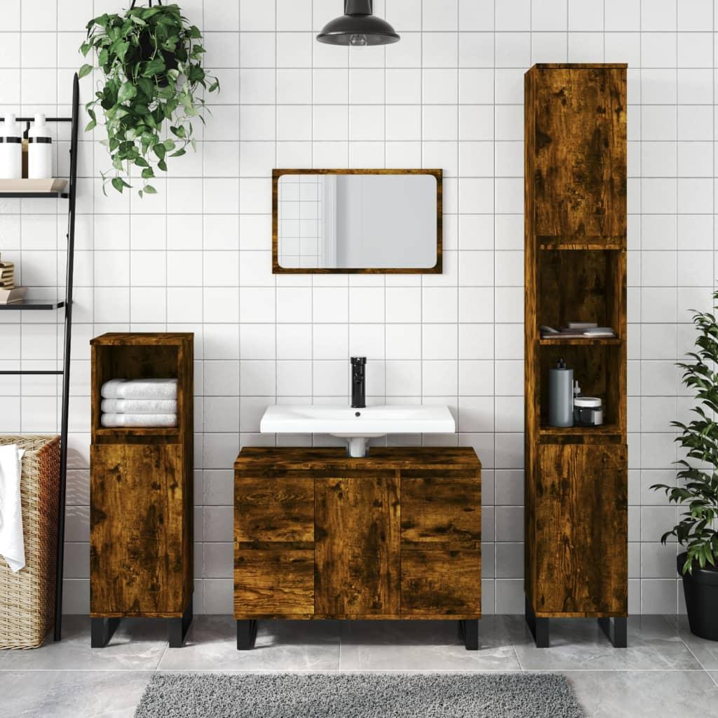 Badeværelsesskab 30x30x100 cm konstrueret træ røget egetræ