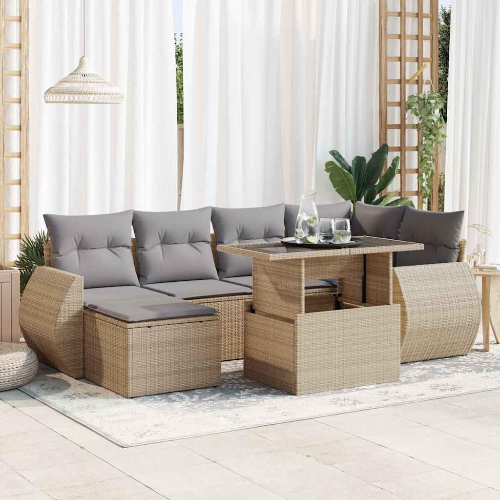 Havesofasæt i polyrattan - 7 dele med hynder, beige billede