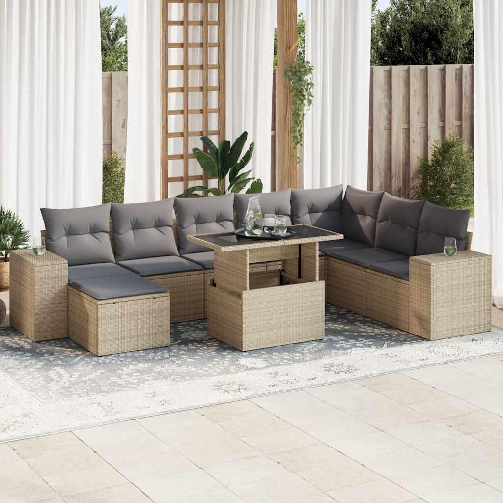 Sofasæt til haven i polyrattan - 9 dele med hynder, beige