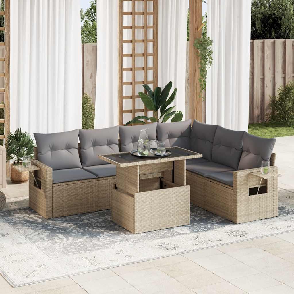 Sofasæt til haven 7 dele med hynder polyrattan beige billede