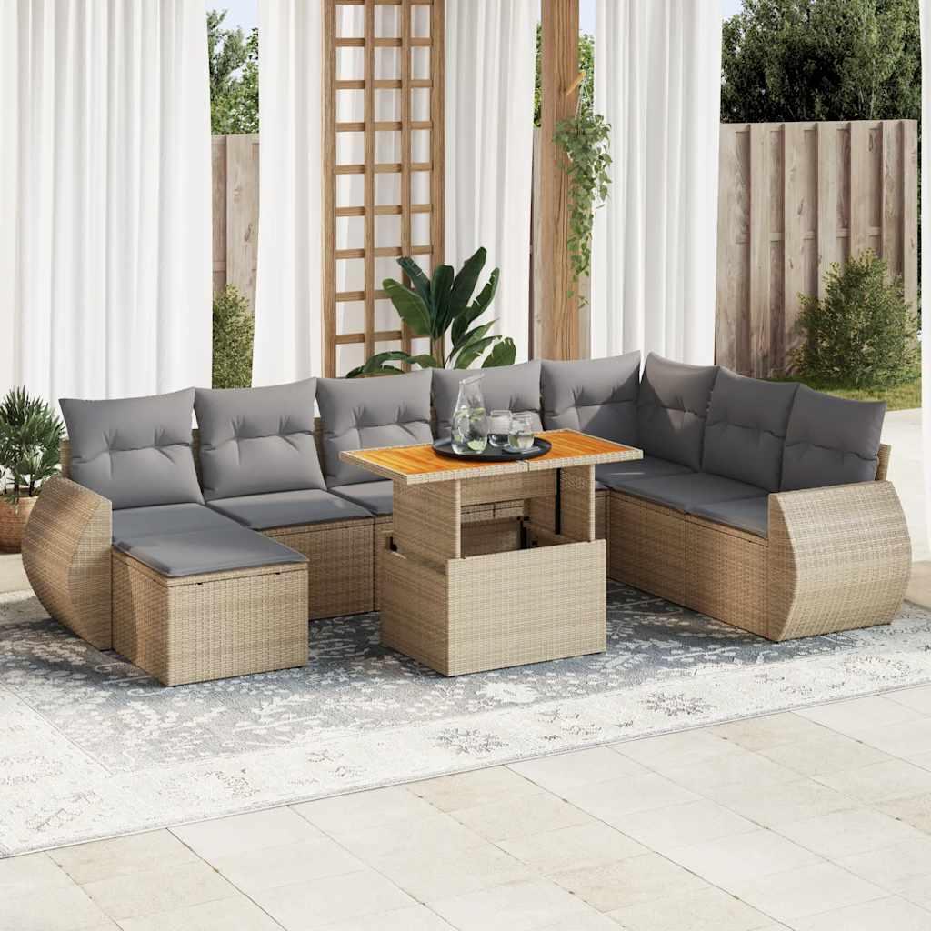 Sofasæt til haven i polyrattan - 9 dele med hynder, beige