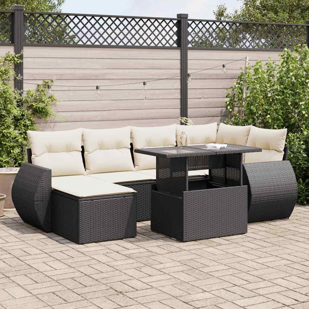 Havesofasæt i polyrattan - 7 dele med hynder, sort