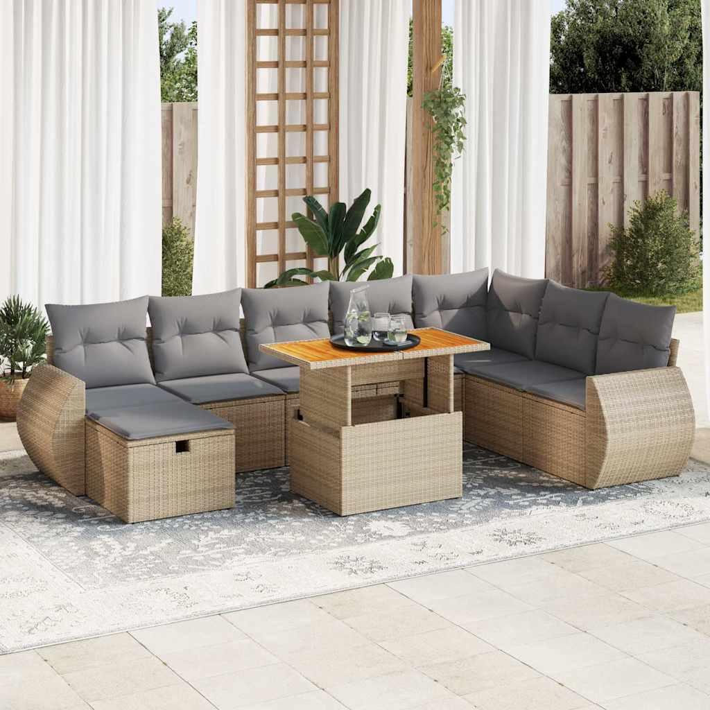 Sofasæt til haven 9 dele med hynder i polyrattan og akacietræ - beige