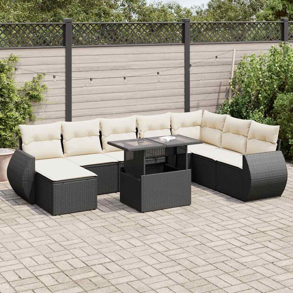 Sofasæt til haven i polyrattan - 9 dele med hynder, sort