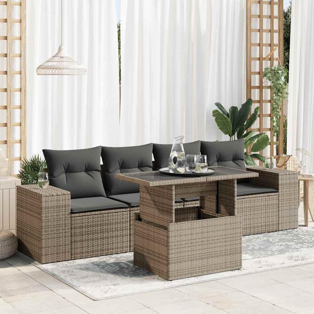 Sofasæt 5 dele med hynder polyrattan grå