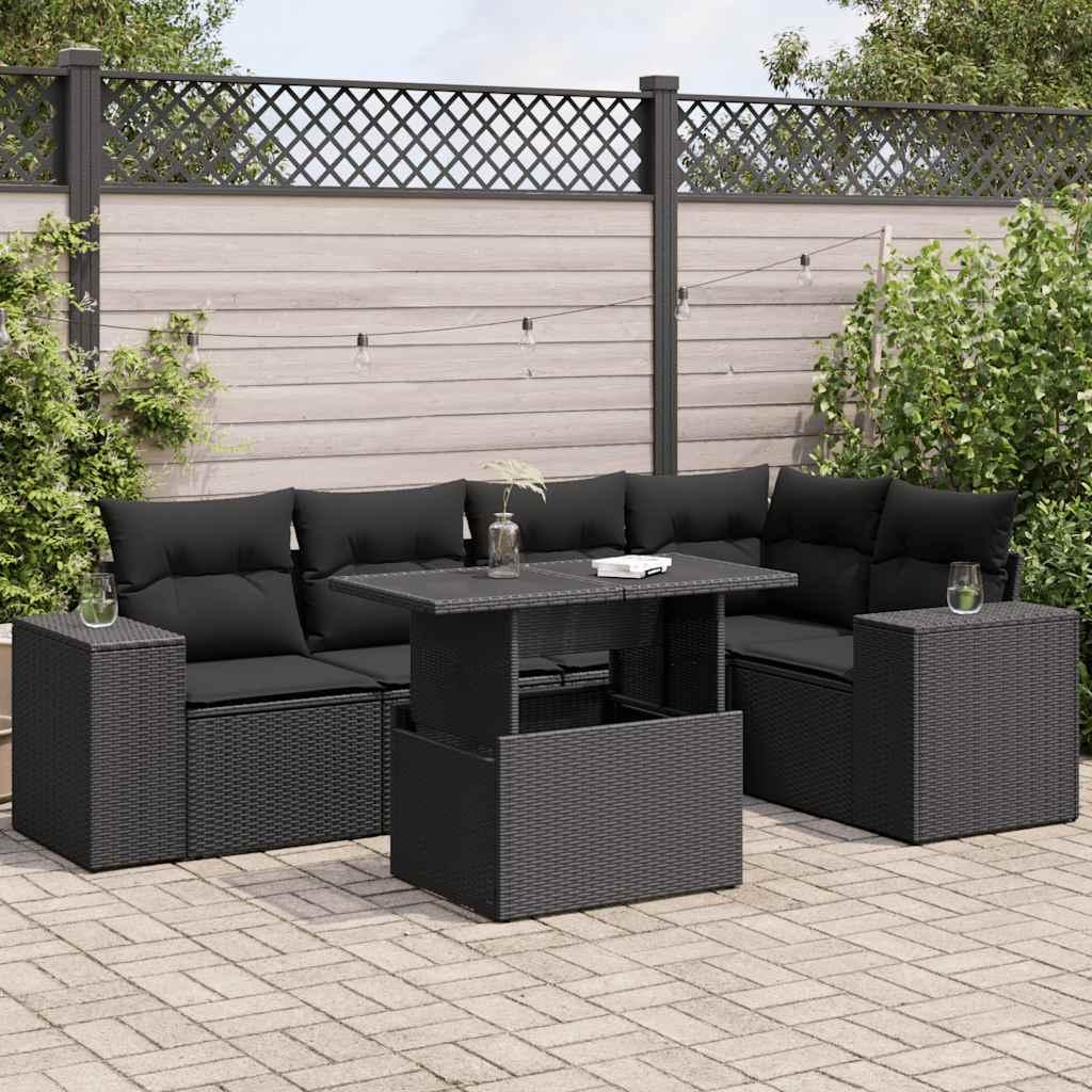Havesofasæt i polyrattan - 6 dele med hynder, sort