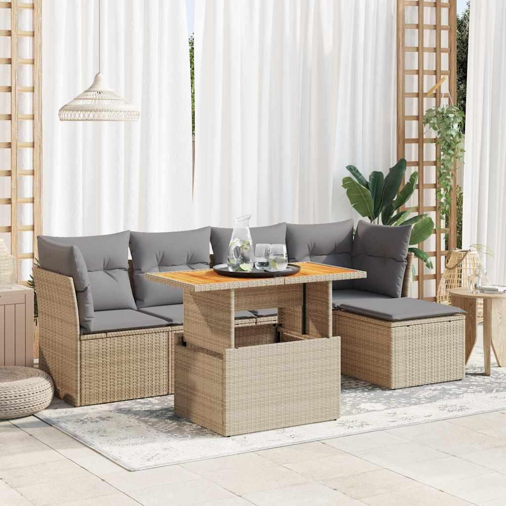 Sofasæt til haven - 6 dele med hynder i polyrattan, beige