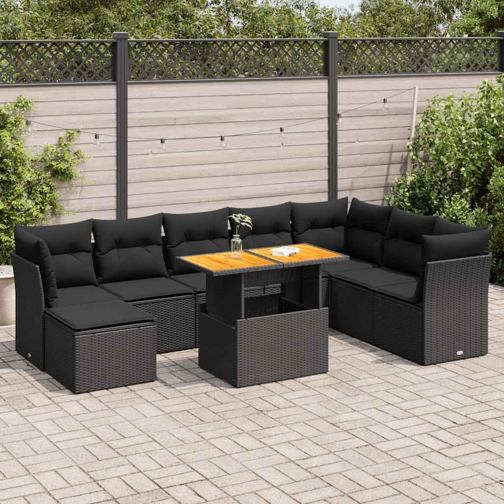 Sofasæt til haven i polyrattan - 9 dele med hynder, sort
