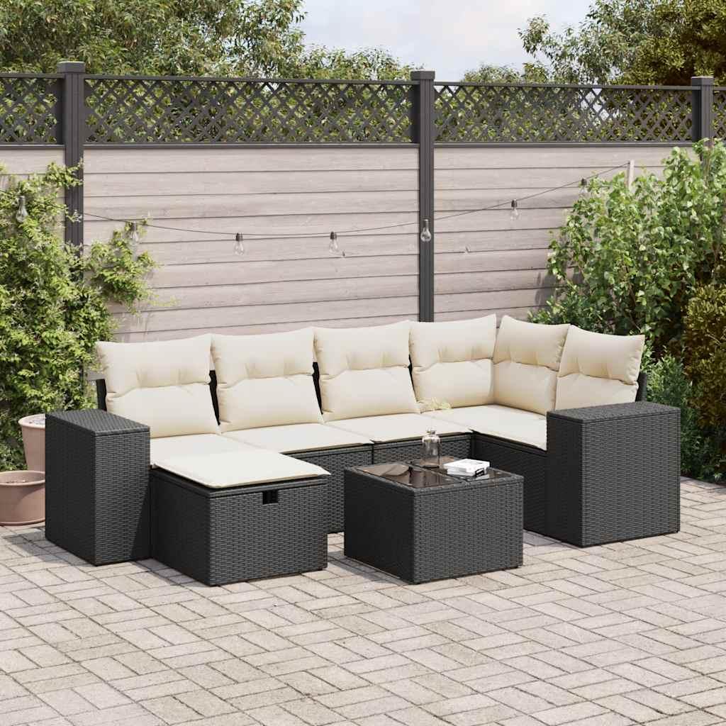 Havesofasæt i polyrattan - 7 dele med hynder, sort billede