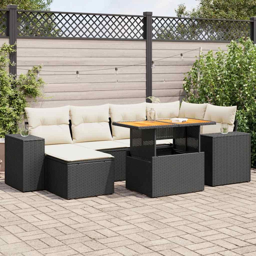 Sofasæt til haven i polyrattan - 7 dele med hynder, sort