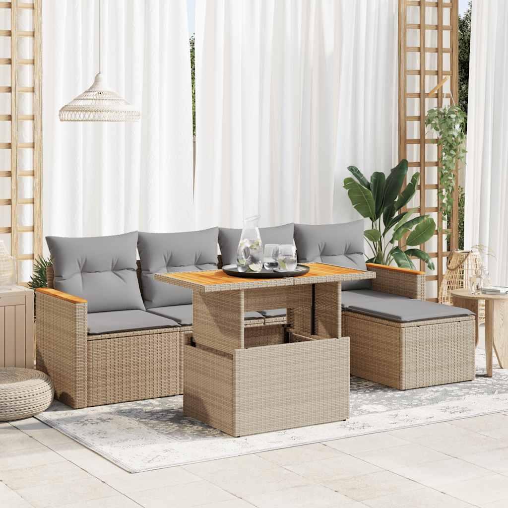 Sofasæt til haven 6 dele med hynder polyrattan akacietræ beige billede