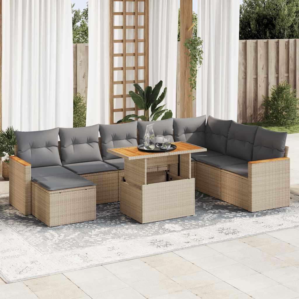 Sofasæt til haven i polyrattan og akacietræ - 9 dele, beige med lysegrå hynder billede