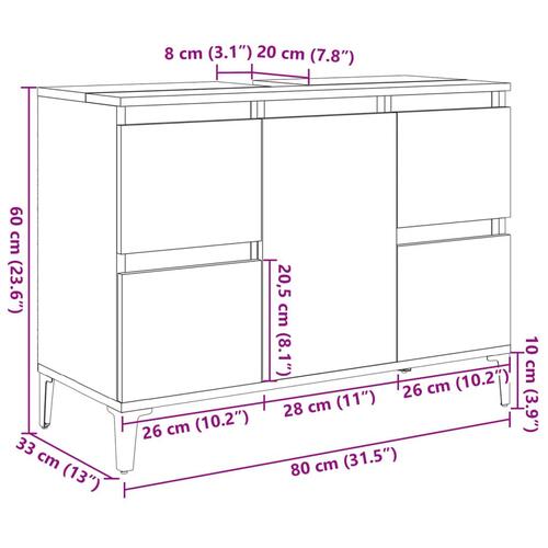 Underskab til håndvask 80x33x60 cm konstrueret træ kunsteg