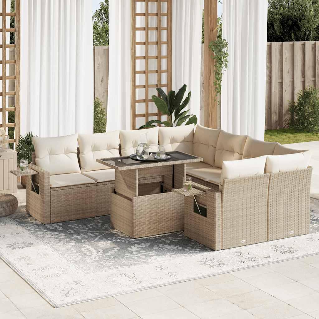 Havesofasæt i polyrattan - 9 dele med hynder, beige