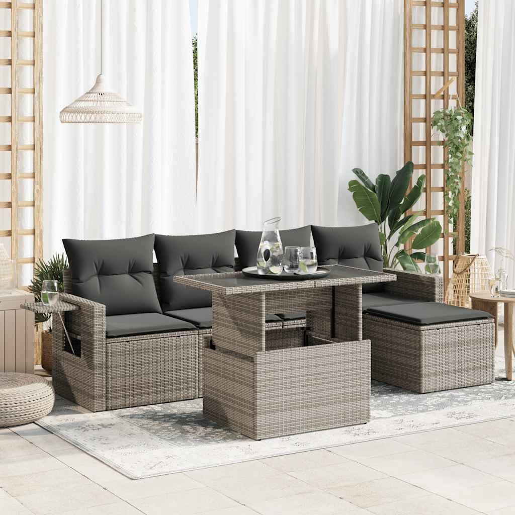 Havesofasæt i polyrattan - 6 dele med hynder, grå