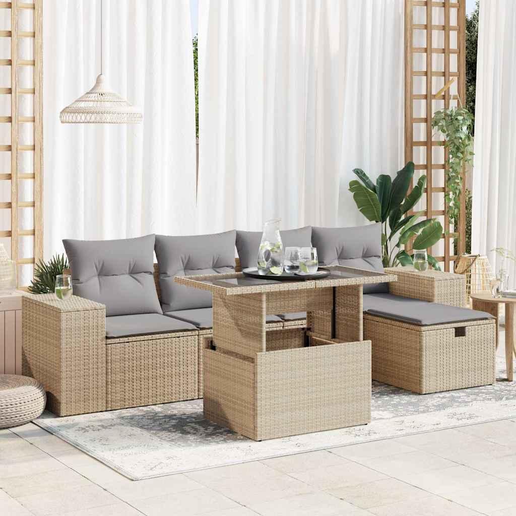 Sofasæt til haven 6 dele med hynder og bord i polyrattan beige