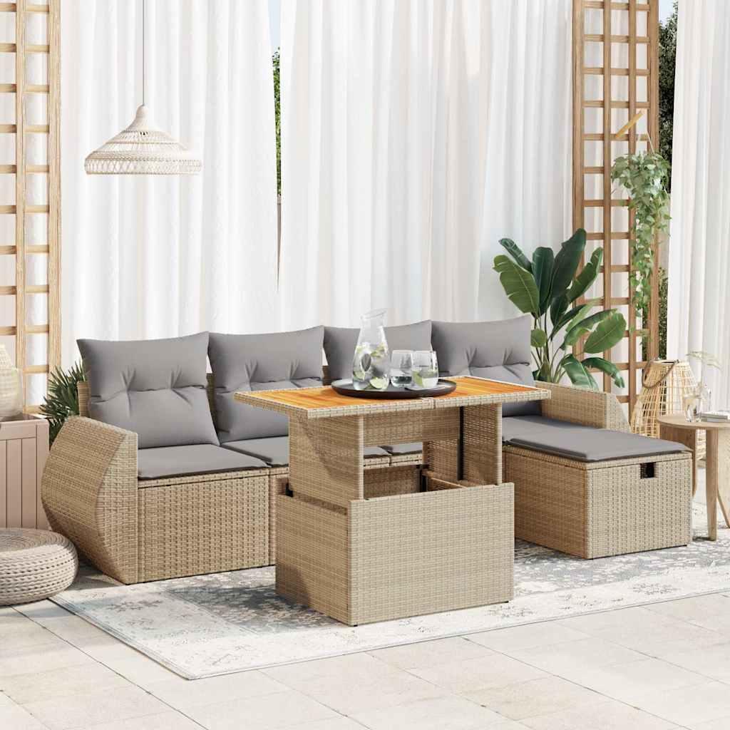 Sofasæt til haven 6 dele med hynder i polyrattan og akacietræ - beige