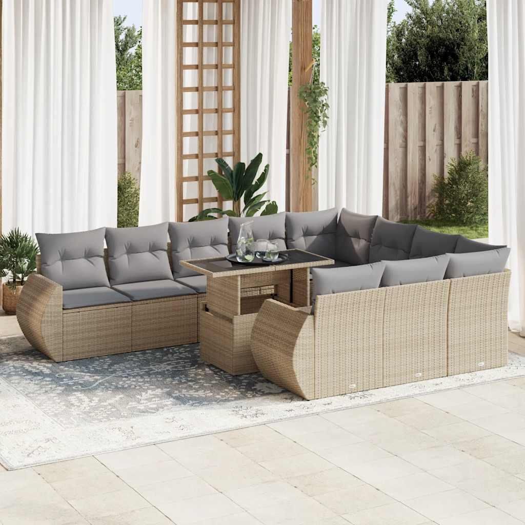 Havesofasæt i polyrattan, 11 dele med hynder - beige