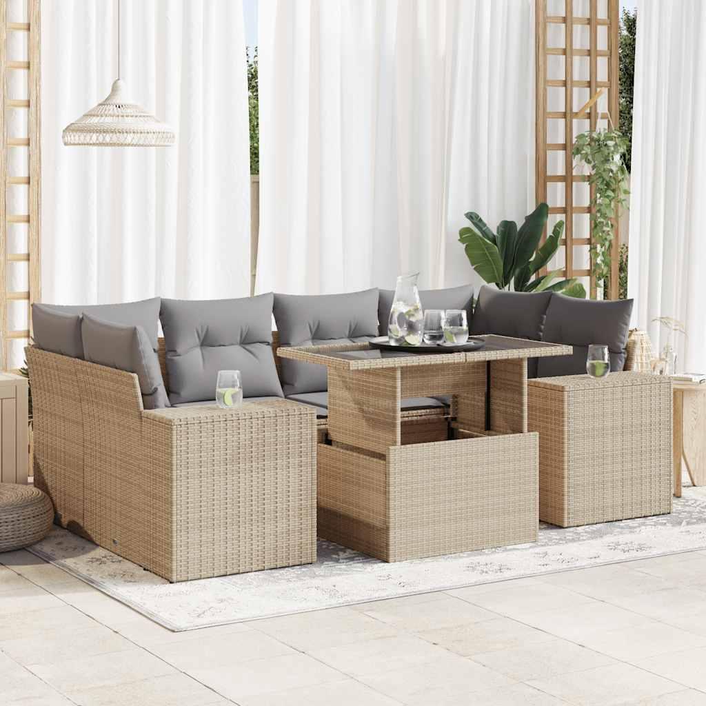 Sofasæt til haven i polyrattan - 7 dele med hynder, beige