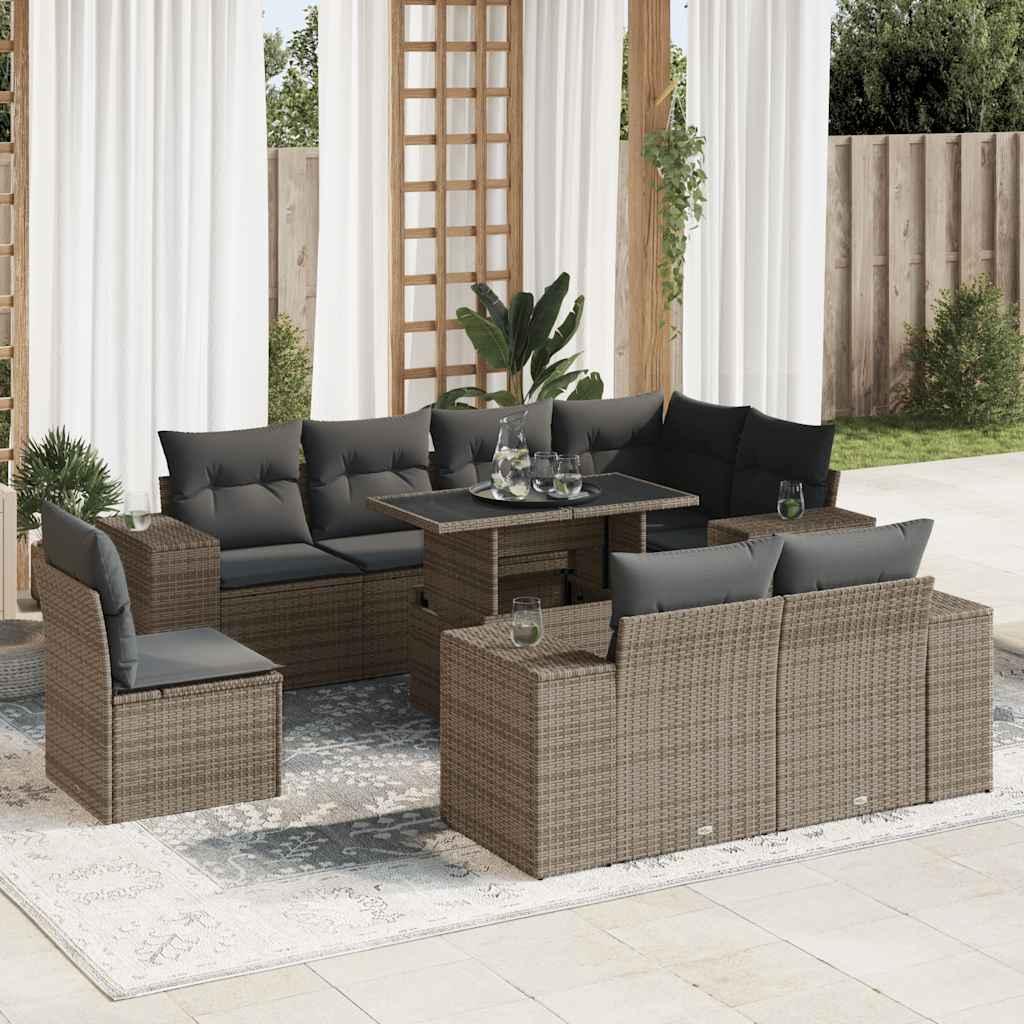 Sofasæt til haven 9 dele med hynder polyrattan grå