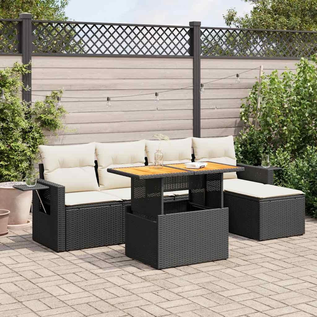 Havesofasæt i polyrattan - 6 dele med hynder, sort