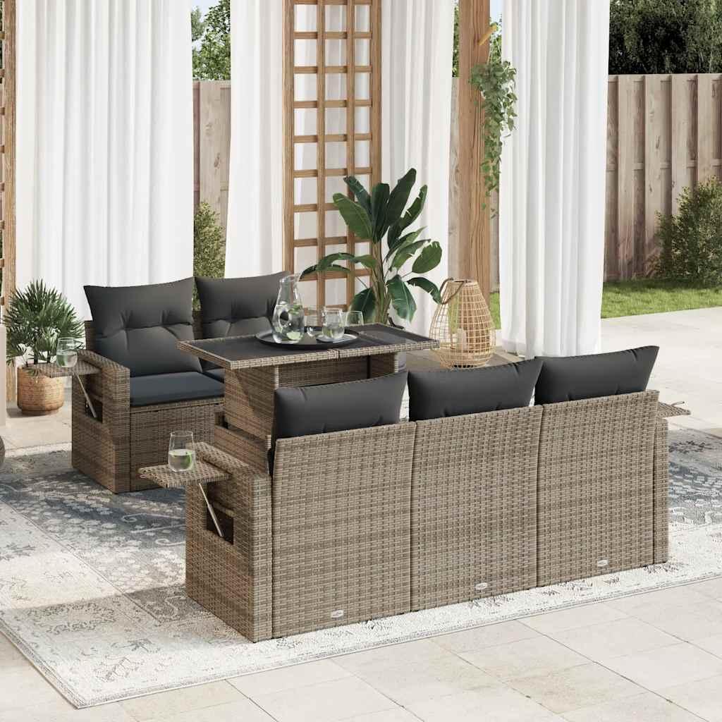 Havesofasæt i polyrattan - 6 dele med hynder, grå