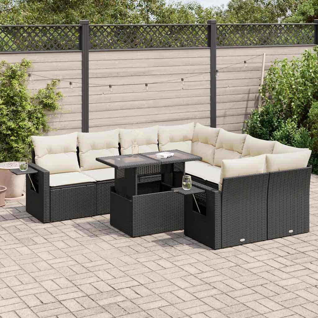 Havesofasæt i polyrattan - 9 dele med hynder, sort billede