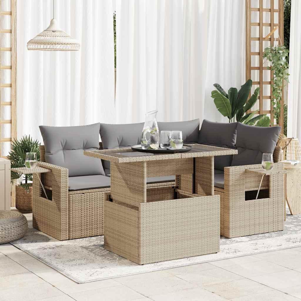 Sofasæt til haven 5 dele med hynder polyrattan beige