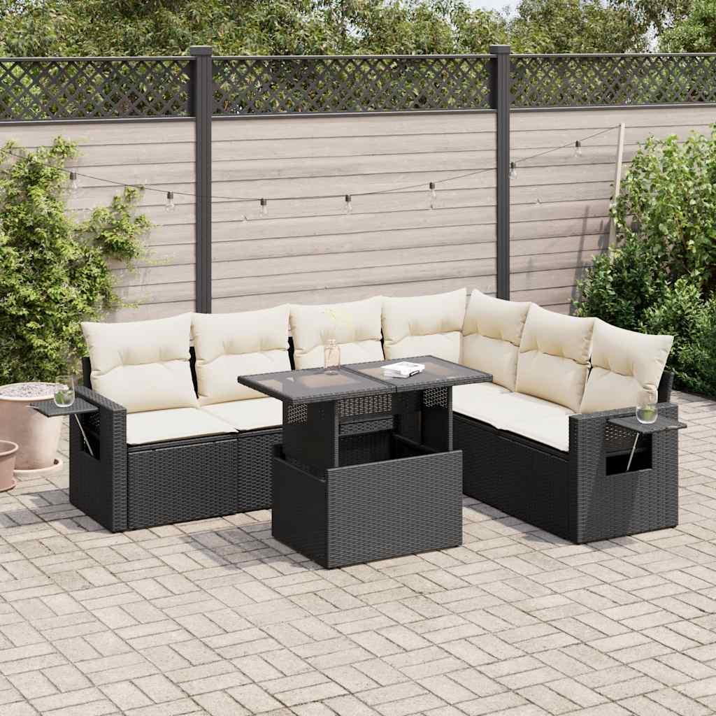 Havesofasæt i polyrattan - 7 dele med hynder, sort