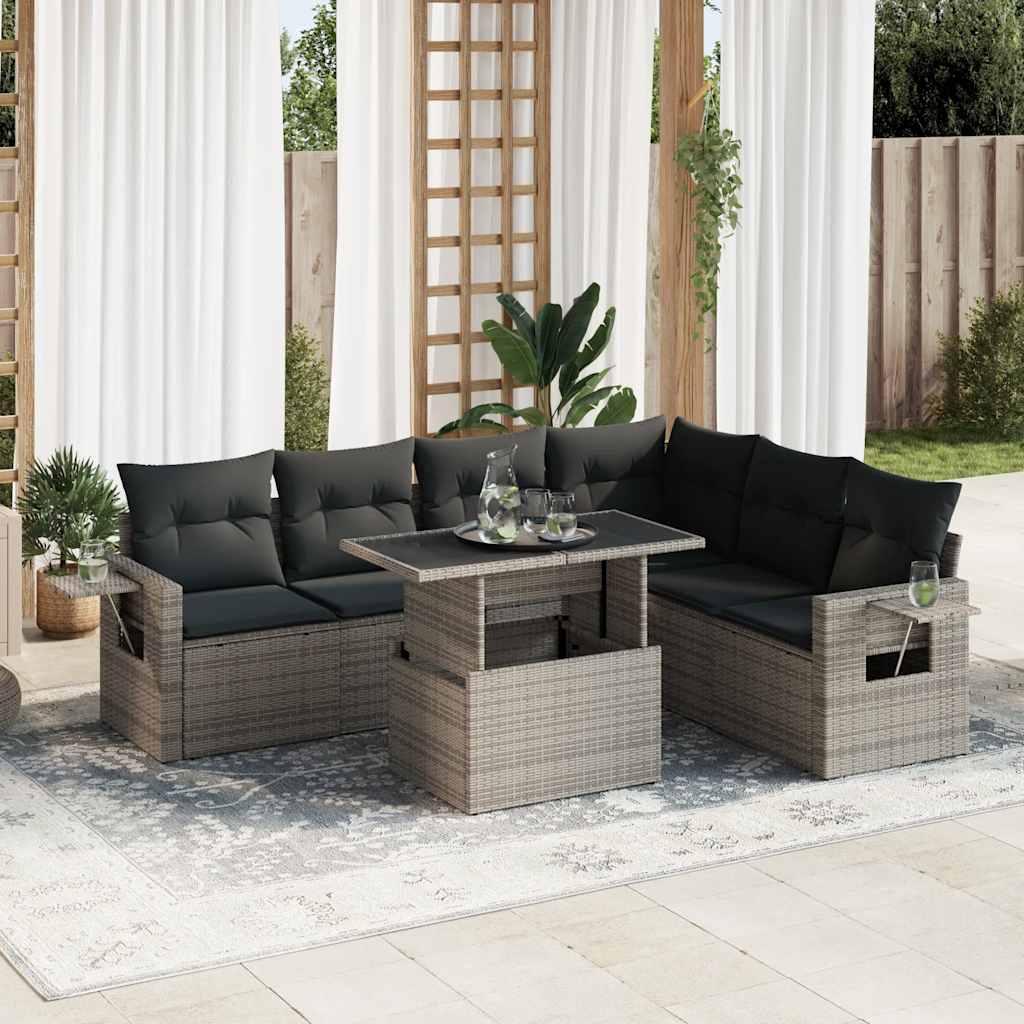 Havesofasæt i polyrattan - 7 dele med hynder, grå