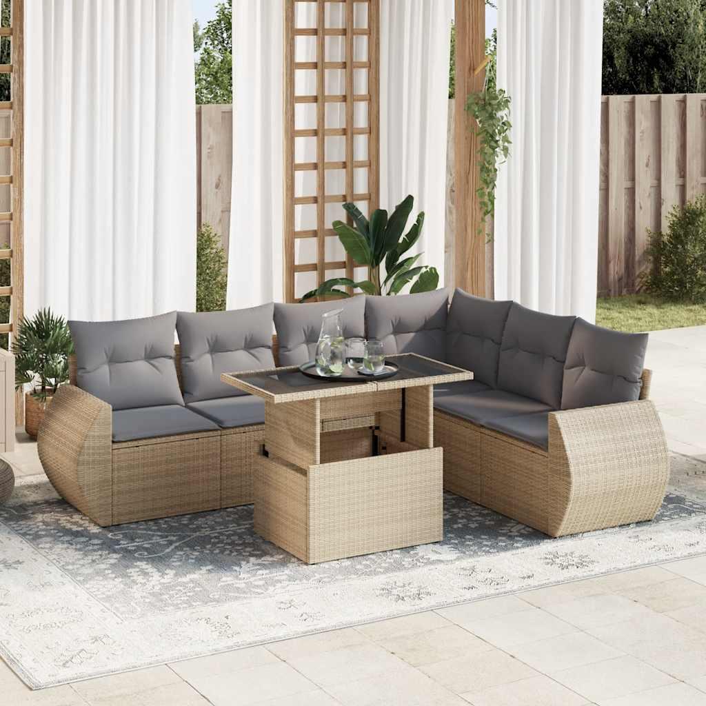 Sofasæt til haven 7 dele med hynder polyrattan beige