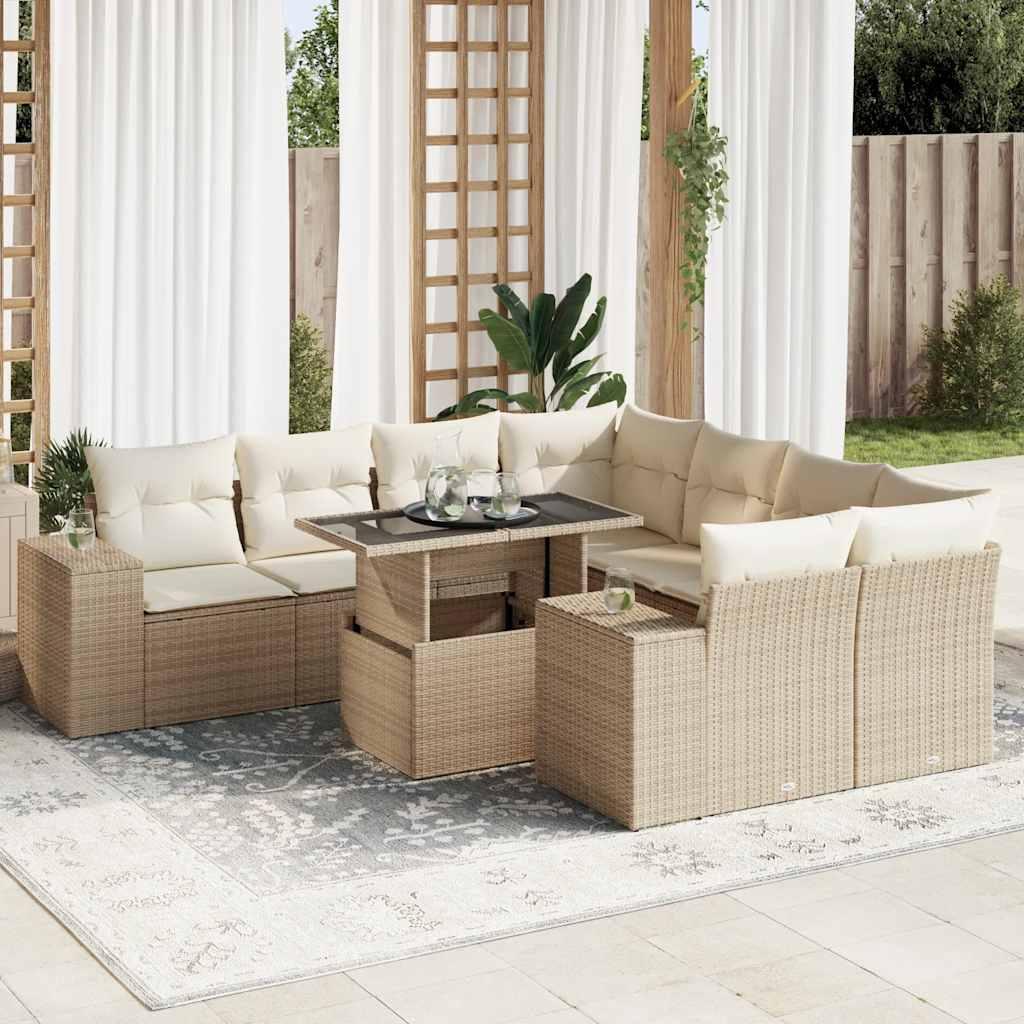 Sofasæt til haven i polyrattan - 9 dele med hynder, beige billede