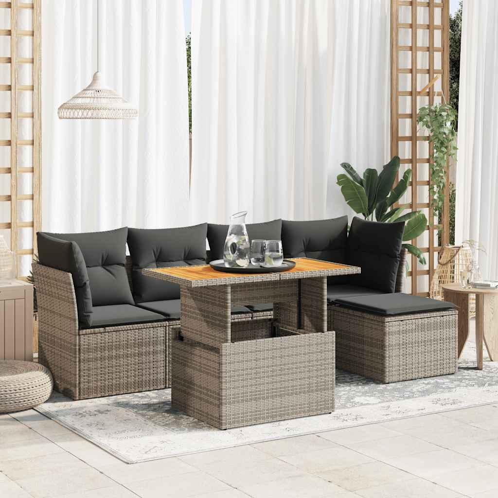 Havesofasæt i polyrattan - 6 dele med hynder, grå