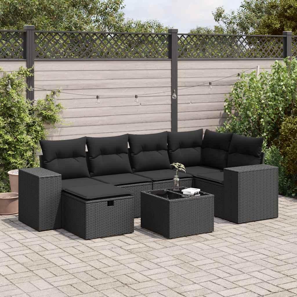 Sofasæt til haven - 7 dele med hynder i polyrattan, sort billede