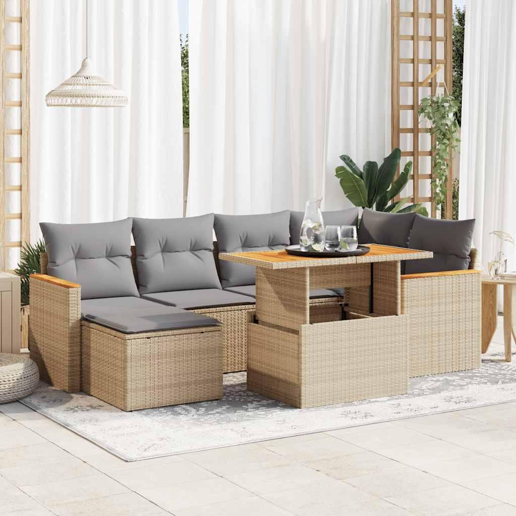 Sofasæt til haven 7 dele med hynder polyrattan akacietræ beige billede
